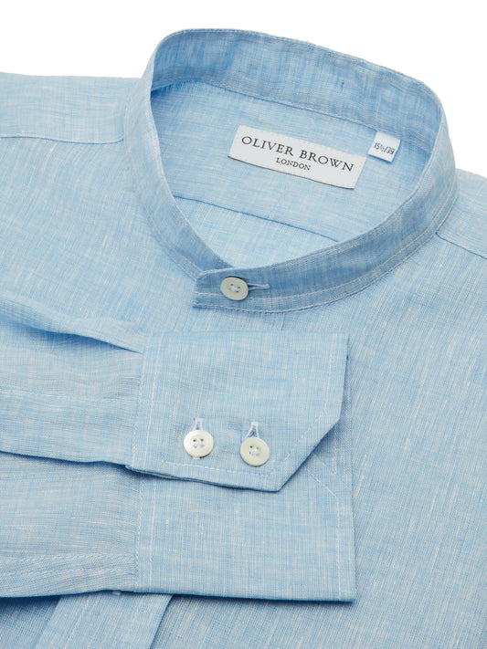 organic collarless linen shirt sky blue 2
