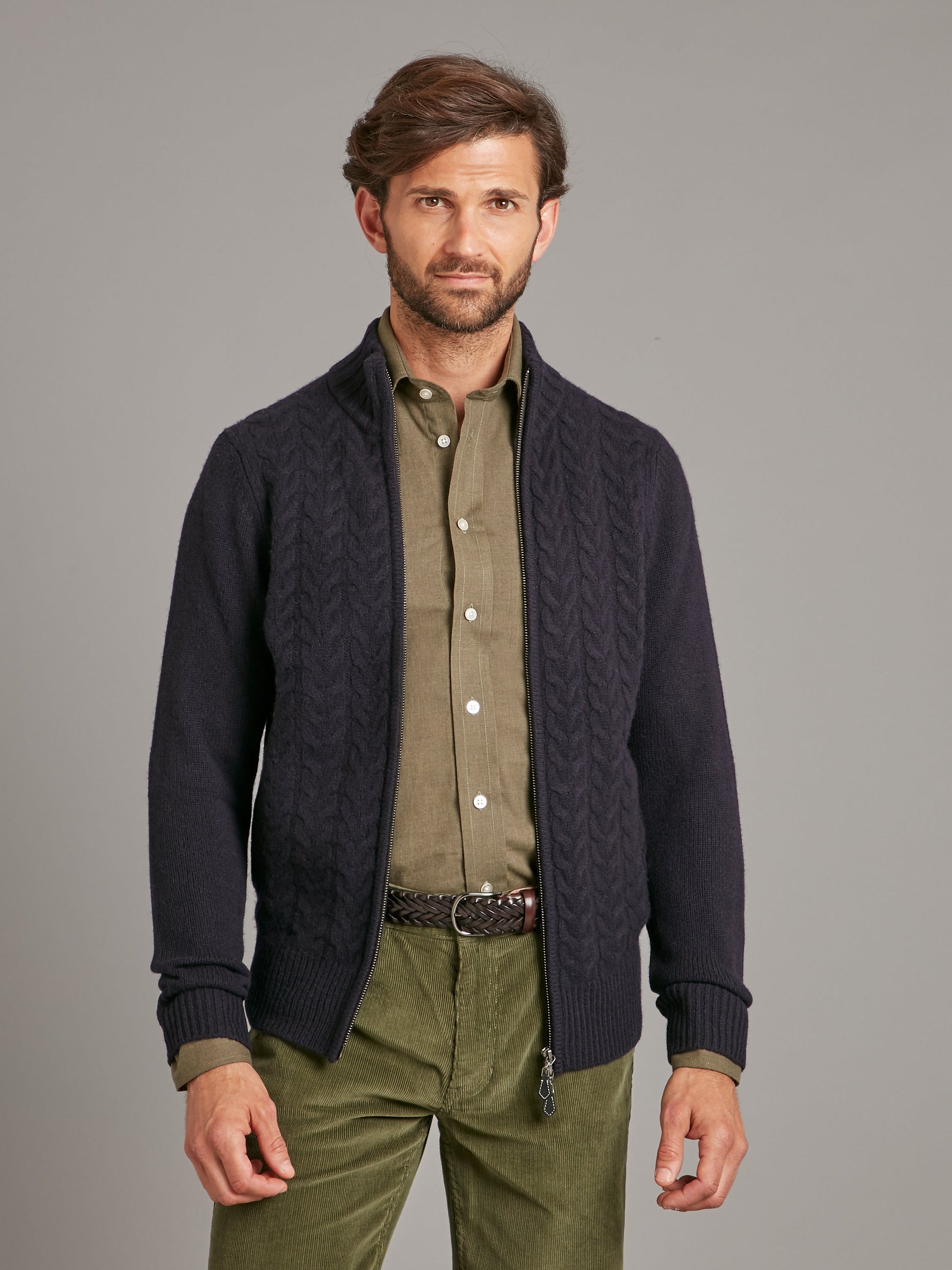 lambswool cable knit zip cardigan navy 1