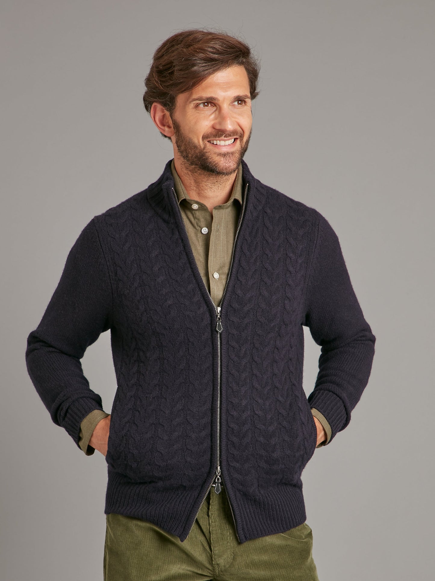 lambswool cable knit zip cardigan navy 3