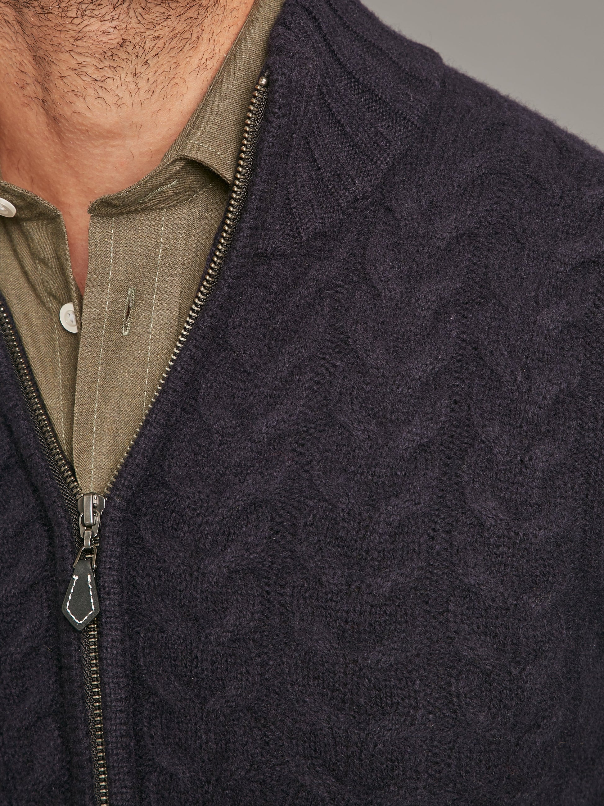 lambswool cable knit zip cardigan navy 2