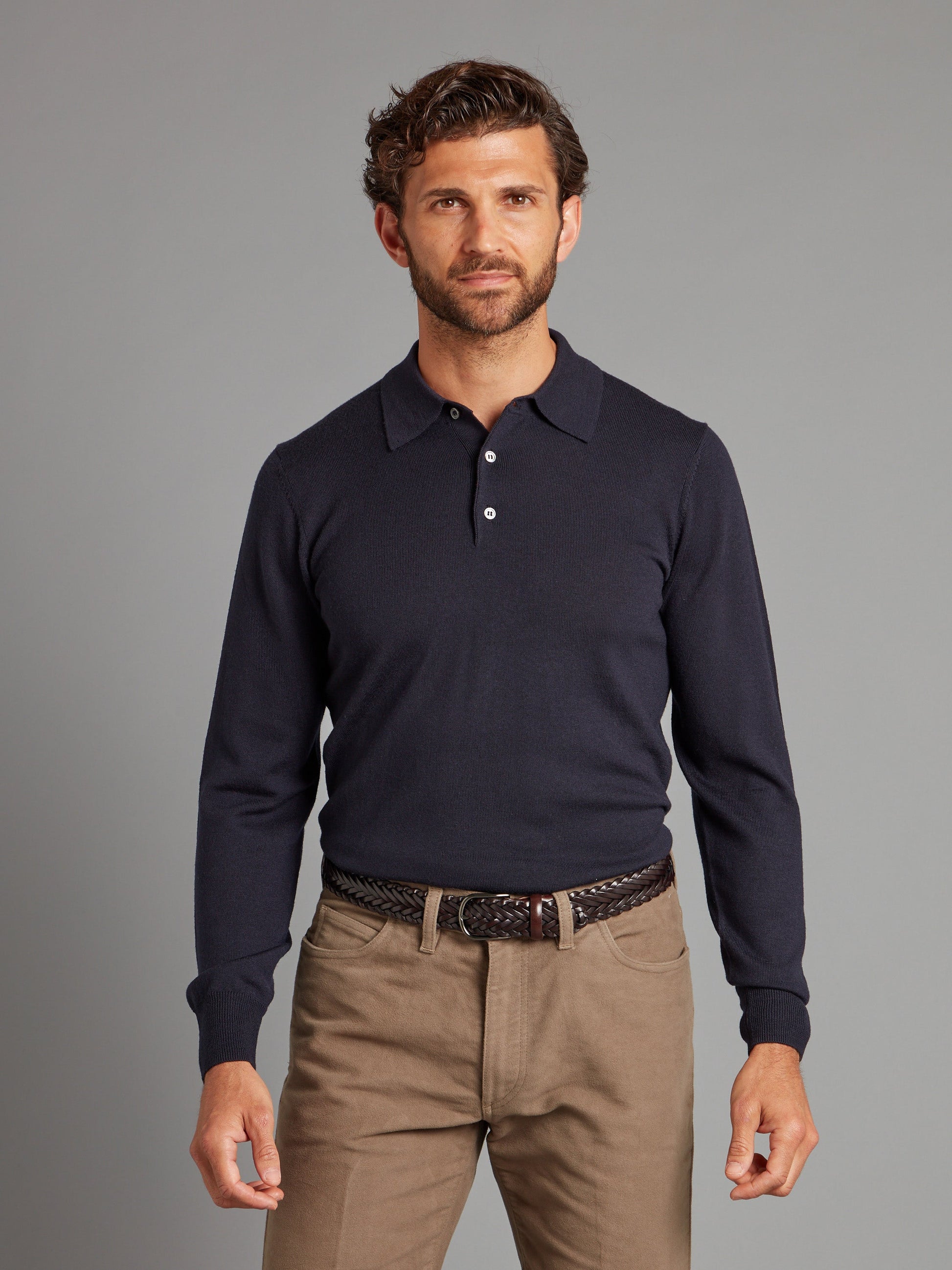fine merino long sleeve polo shirt navy 1