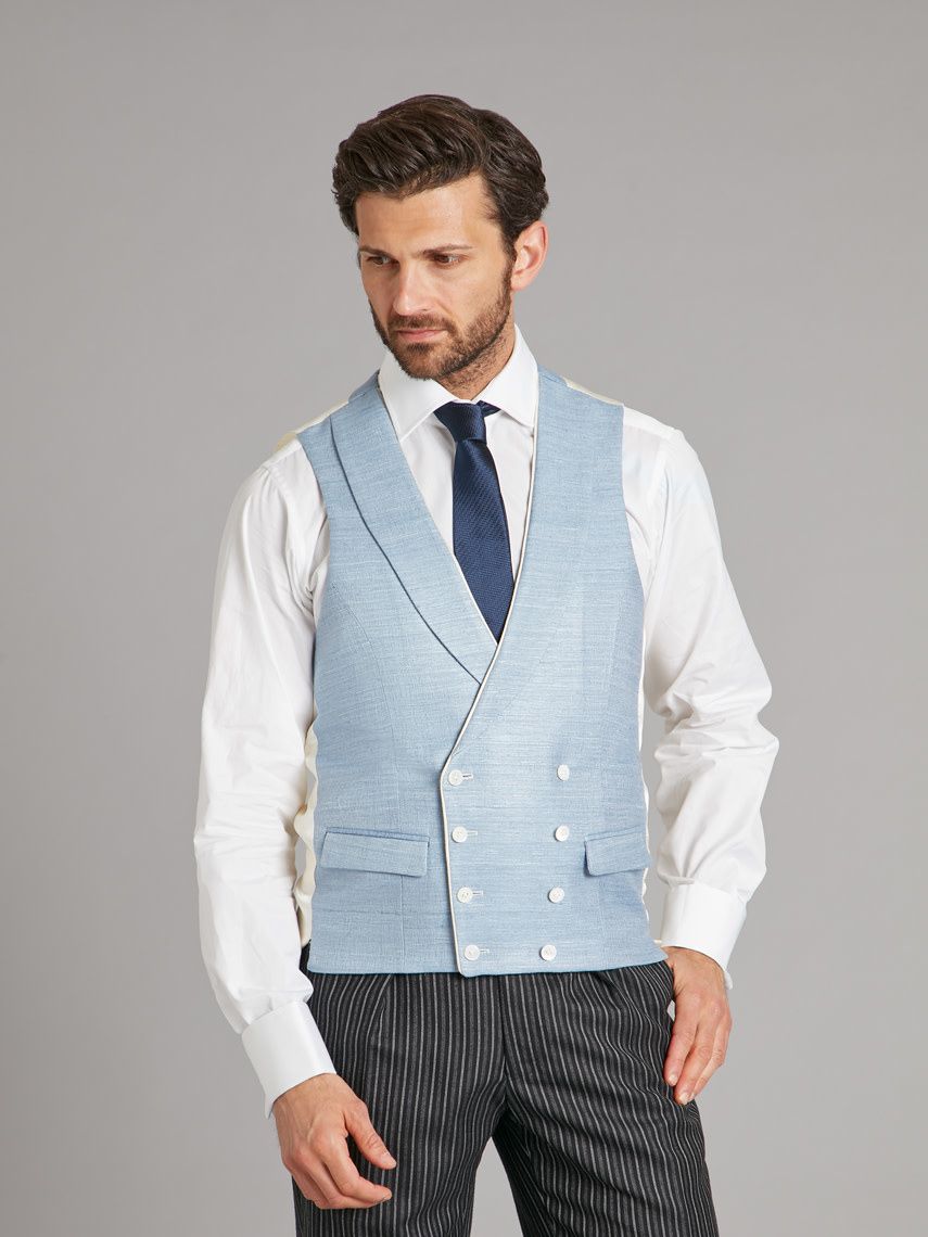 Double Breasted Waistcoat Woven Silk - Mid Blue